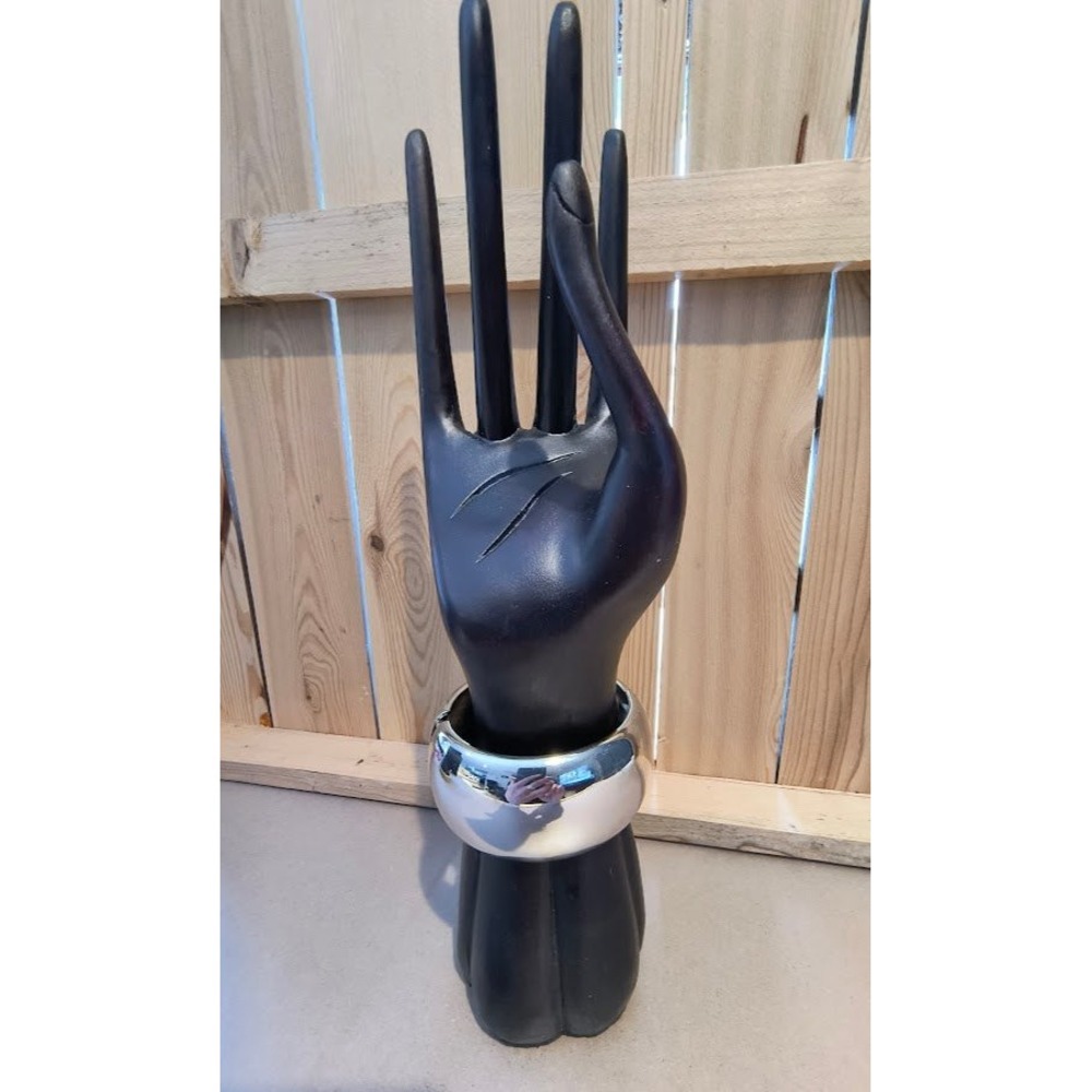 Chunky Silver Tone Hinged Cuff Bracelet High‎ Shine Wide Domed Bangle